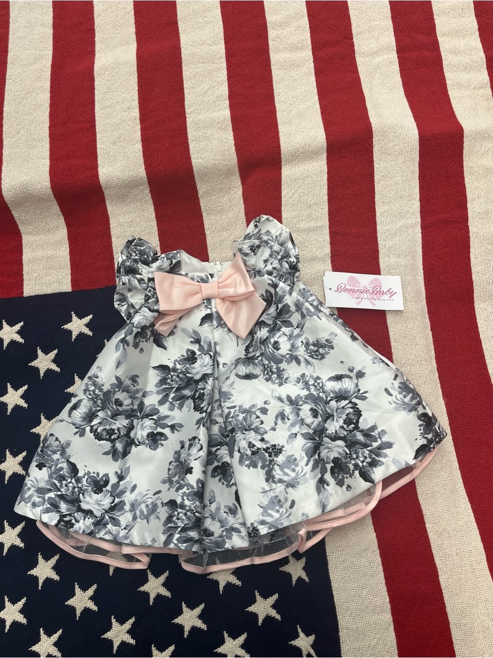 Bonnie Baby Pink and Gray Floral Party Dress with Bow Trim Size 3-6 Months NWT